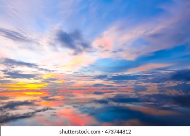 Beautiful Scenery Sunset Sky View Of Lake And Reflection In Water.