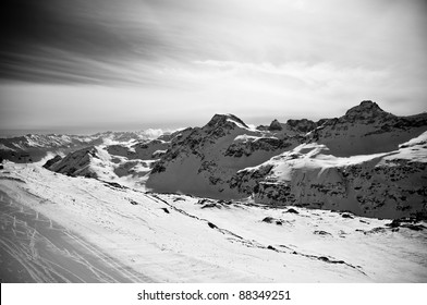 beautiful scenery of winter mountains, black and white photo