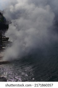 beautiful scenes of Japan nature. white steam under the hot water of lake in Japan
