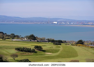 Beautiful Scenic Aerial-like Bright View Of Gold Course, Sea, Bay,  Dublin Waste To Energy (Covanta Plant), Poolbeg CCGT, Pigeon House Power Station, Dublin Mountains Seen From Howth, Dublin, Ireland