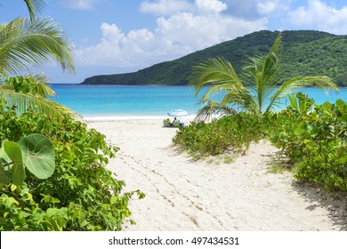 Beautiful scenic Flamenco Beach with white sand and clear blue water on Caribbean island of Isla Culebra in Puerto Rico