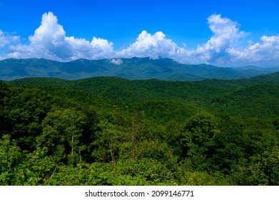 A beautiful scenic mountains view taken from Three Knobs Overlook on the Blue Ridge Parkway, near Buck Creek Gap, North Carolina.
