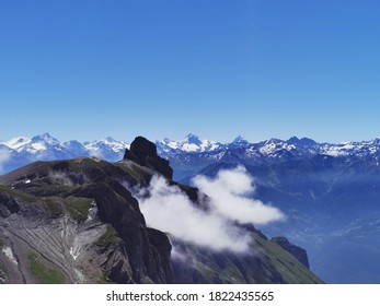 Beautiful scenic panorama over Swiss Pennine Alps from top of Forclaz Pass in Switzerland