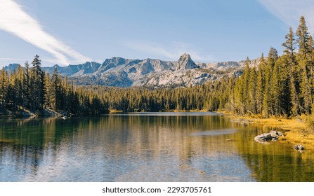 Beautiful scenic peaceful mountain lake on sunny fall day, Mammoth Lakes, California