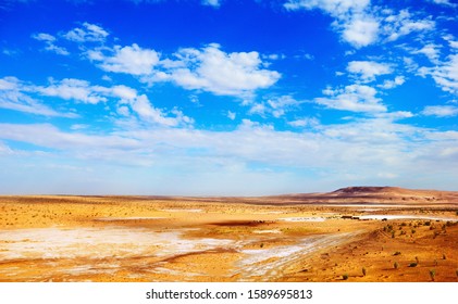 Beautiful Scenic View Of Colorful Sand, White Salt And Rare Plants Against The Background Of Blue Sky In 'Red Sand' (Kyzyl Kum, Kyzylkum, Qyzylqum Or Qizilkum) Desert, Uzbekistan, Central Asia