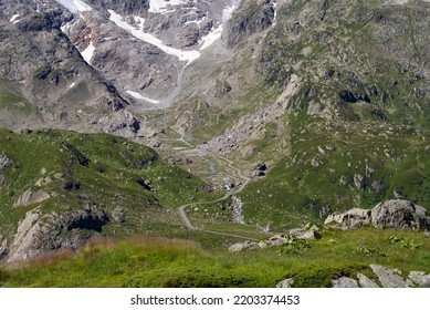 Beautiful scenic view of mountain panorama with Stone Glacier at Swiss mountain pass Susten on a sunny summer day. Photo taken July 13th, 2022, Susten Pass, Switzerland. - Shutterstock ID 2203374453