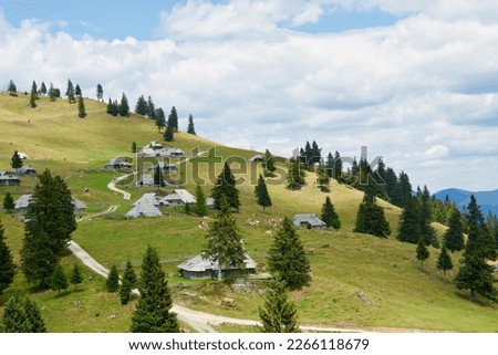 Beautiful scenic view on Velika Planina, Slovenia, Europe. Trekking and mountaineering. Green landmark in Alps. Tranquility. Preservation. Hiking in valley in summer. Trees and grass. Alpine panorama.