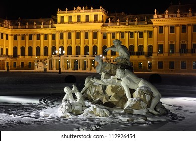 Beautiful Sculpture Of Schonbrunn Palace At Winter Night In Vienna, Austria.