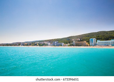Beautiful sea coast, Sea beach, resort area in sunny weather in Bulgaria, golden sands