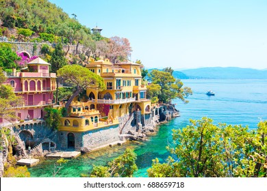 Beautiful sea coast with colorful houses in Portofino, Italy. Summer landscape