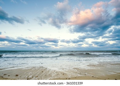   Beautiful Sea Landscape In Early Morning Mist Against The Background Of Dramatic Cloudy Sky At Sun Rise Time. Cuba Coast.