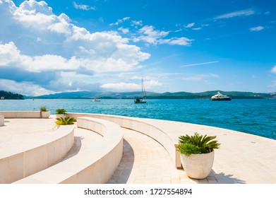 Beautiful sea promenade in Tivat, Montenegro. Kotor bay, Adriatic sea. Famous travel destination.