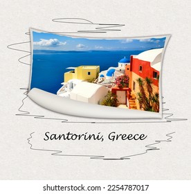 Beautiful sea view from the balcony. Oia town, Santorini island, Greece. Art design or collage - Shutterstock ID 2254787017