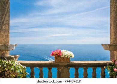 Beautiful Sea View In The Town Of Positano From Antique Terrace With Flowers, Amalfi Coast, Italy. Balcony With Flowers