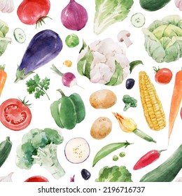 Beautiful seamless pattern with hand drawn watercolor healthy vegetable food. Eggplant cabbage corn broccoli zucchini lettuce papper potato illustrations - Shutterstock ID 2196716737