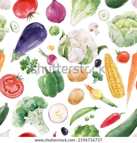 Beautiful seamless pattern with hand drawn watercolor healthy vegetable food. Eggplant cabbage corn broccoli zucchini lettuce papper potato illustrations