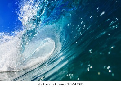 Beautiful seascape. Big surfing blue ocean wave crashing. Marine sport water surface.
