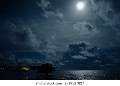 Beautiful seascape with cloudy sky with full moon. Night on the tropical beach.