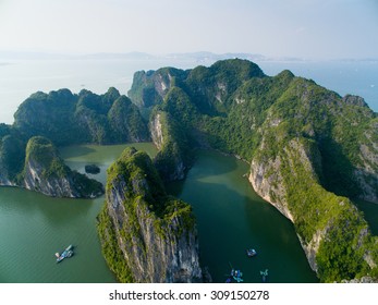 Beautiful seascape with sea and mountain from high view in Halong bay, Vietnam.
