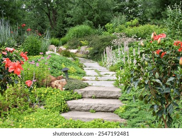 A beautiful, secluded garden path lined with stone steps and surrounded by lush vegetation. The garden is a perfect place to relax and enjoy the natural beauty. - Powered by Shutterstock