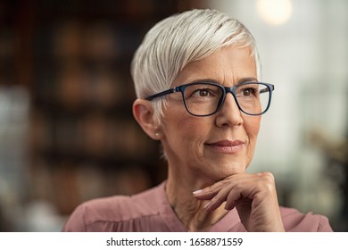 Beautiful senior business woman thinking and wearing spectacles. Thoughtful old woman teacher looking away with eyeglasses. Closeup face of mature pensive lady contemplating the future with copy space - Shutterstock ID 1658871559
