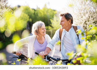 Beautiful Senior Couple With Bicycles Outside In Spring Nature.