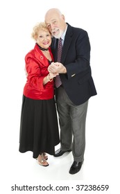 Beautiful Senior Couple Dancing Cheek To Cheek.  Full Body Isolated On White.