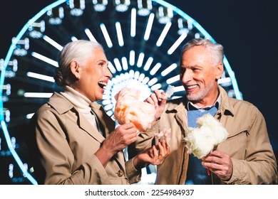Beautiful senior couple dating outdoors - Mature couple having fun at amusement park, concepts about elderly and lifestyle