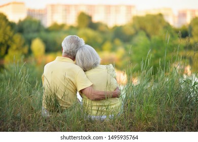 Beautiful Senior Couple Hugging In The Park, Back View