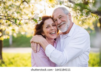 Beautiful Senior Couple In Love Outside In Spring Nature, Hugging.