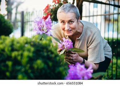 Beautiful Senior Gray Short Hair Woman Planting Flowers In Her Garden