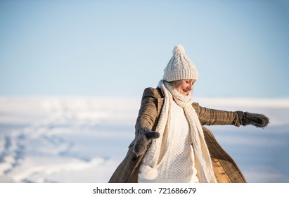 Beautiful Senior Woman On A Walk, Winter Day.