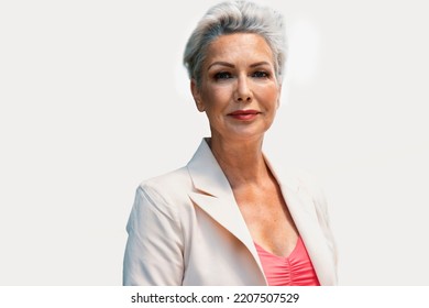 Beautiful Senior Woman With Short Gray Hair Portrait On White Background. Natural Beauty , Business, Education And People Concept - Smiling Businesswoman 