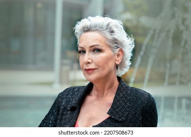 Beautiful Senior Woman With Short Gray Hair With Natural Beauty Attractive Elderly Female Portrait Outdoor 