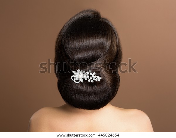 Beautiful Sensual Brunette Elegant Hairstyle Wedding Stock