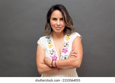 Beautiful And Sensual Middle Aged Mexican Woman, Wearing Traditional Mexican Clothes