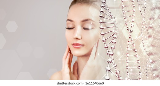 Beautiful sensual woman and glass DNA stems over beige background. Science of beauty concept