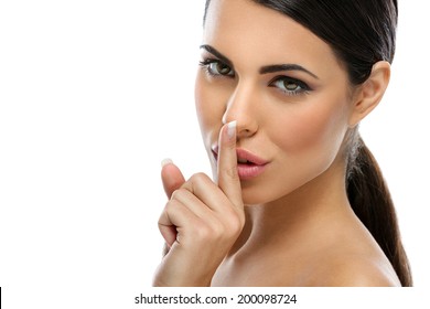 Beautiful Sensual Woman Saying Shh With Finger On Lips 