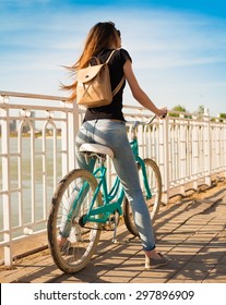 Beautiful Sensuality Elegance Brown Hair Back Woman Happy Fun Blue Sky Black T-shirt Jeans Bicycle Urban City Portrait Nature Slim Sport Body Hobby Equipment Riding Bike Cyclist 