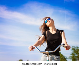 Beautiful Sensuality Elegance Haired Hair Woman Happy Fun Cheerful Smiling Blue Sunglasses Black T-shirt Jeans Bicycle Urban City Portrait Nature Slim Sport Body Hobby Equipment Riding Bike Cyclist 