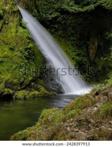 Beautiful serene waterfall cascading through lush green foliage. Ceunant Mawr Waterfall, also known as Llanberis Falls in North Wales 