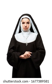 beautiful serious nun in black clothing, isolated on white