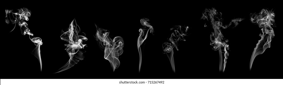 Beautiful set of abstract isolated moving smoke on black background.