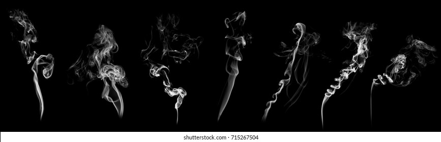 Beautiful set of abstract isolated moving smoke on black background.