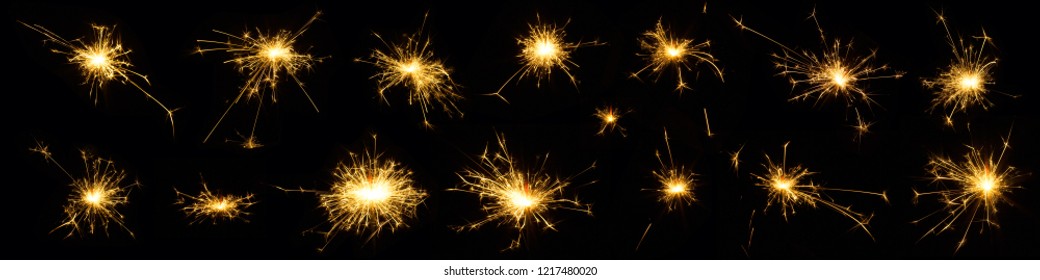 Beautiful Set Of Burning Sparkler Isolated On Black Background. Sparklers To Overlay A Texture For Design Holiday Postcards, Web Banners
