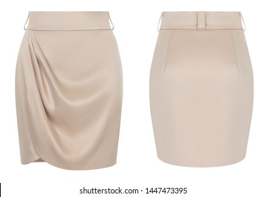 Beautiful Set, Classic Luxury Women's Beige Short Skirt With Drapery, Plain, Isolated On White Background, Ghost Mannequin, Blank, Mockup