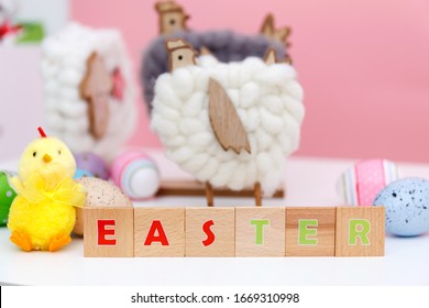 Beautiful set of easter items on light background with copy space. Spring holidays. Colourful eggs and decorations.