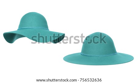 Beautiful set, luxurious woolen hat two kinds, turquoise with chain decor, autumnal, winter, isolated on white background, clipping
