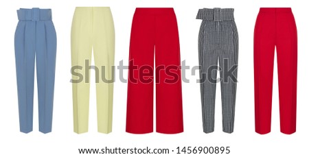 Beautiful set of women's trousers, blue, black and white checkered with a belt, red and yellow, in front of the view, a ghost mannequin, isolated on white background, clipping