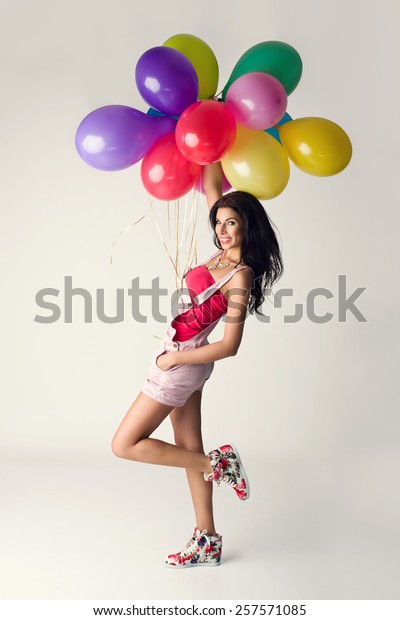 Beautiful Sexy Birthday Woman Colorful Balloons Stock Photo 257571085